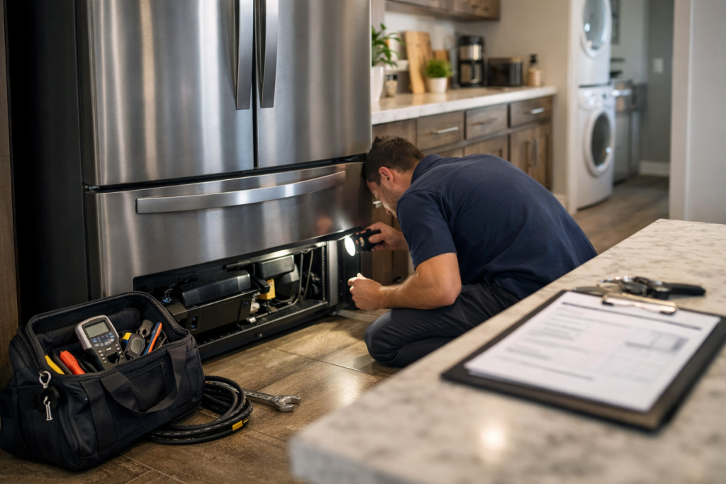 Technician inspecting a modern refrigerator in a bright kitchen, preparing for appliance repair service appointment