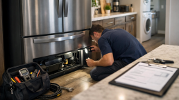 Technician inspecting a modern refrigerator in a bright kitchen, preparing for appliance repair service appointment