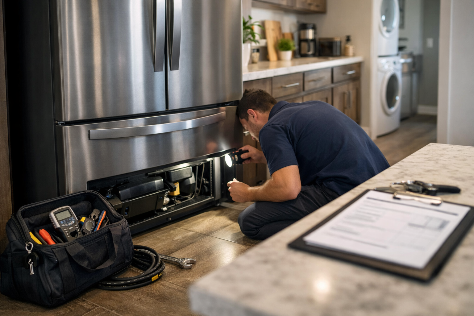 Technician inspecting a modern refrigerator in a bright kitchen, preparing for appliance repair service appointment