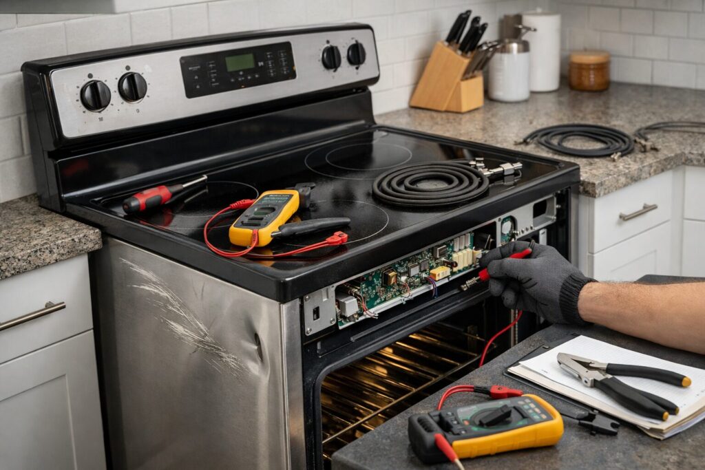 Technician inspecting and repairing an electric range with visible scratches and dents in a modern kitchen setting