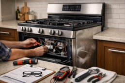 technician inspecting and repairing a gas range burner in a modern kitchen setting with natural lighting