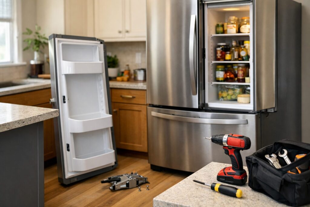 French door refrigerator with one door removed and repair tools on kitchen counter in modern home setting