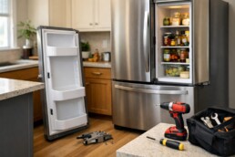 French door refrigerator with one door removed and repair tools on kitchen counter in modern home setting