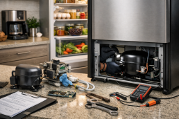 Technician inspecting appliance parts with tools in a modern kitchen repair setting focused on replacement costs