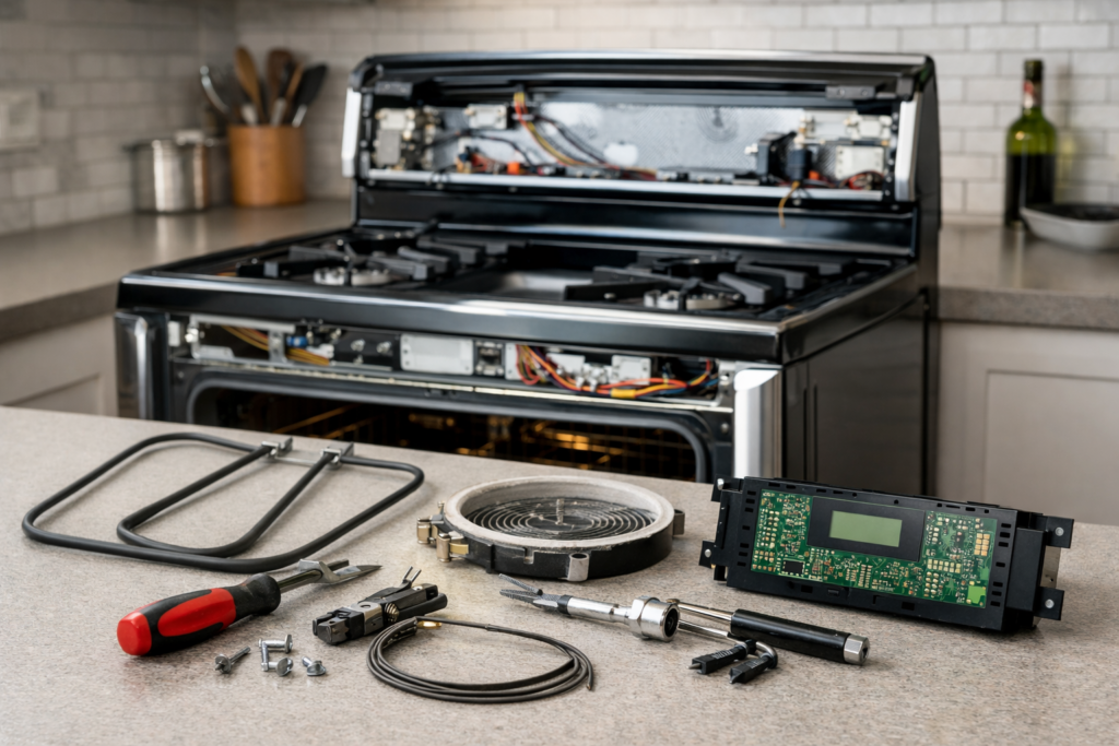 Electric range with open oven door and visible replacement heating element on kitchen countertop in modern home setting
