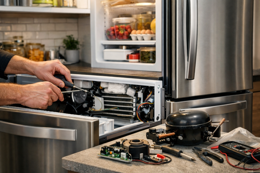 Technician inspecting and repairing a French door refrigerator in a modern kitchen setting with repair tools nearby