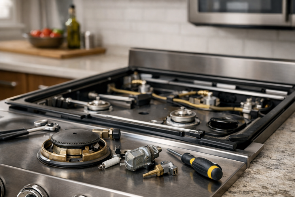 Close-up of a gas range with a technician’s hand holding a replacement burner part in a modern kitchen setting