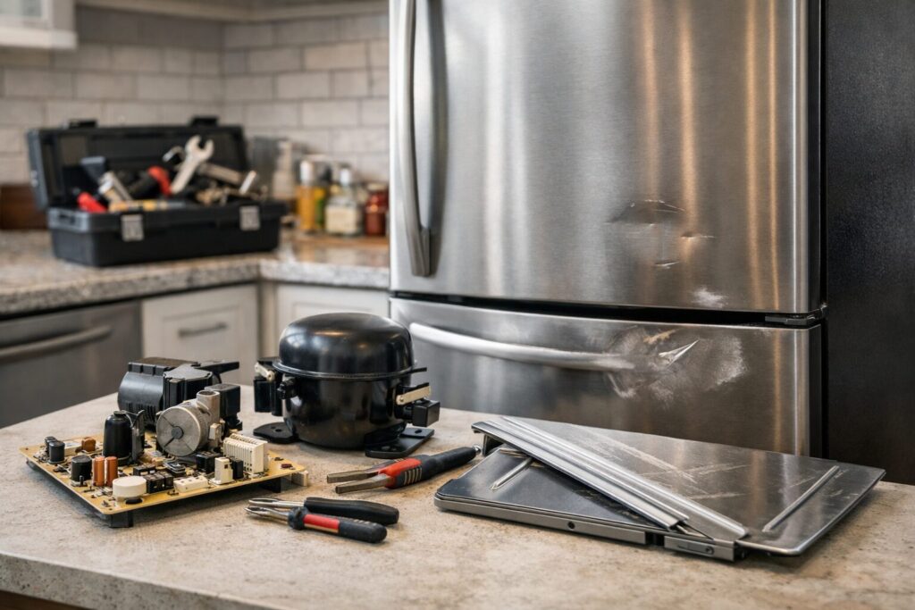 Technician inspecting a scratched refrigerator door panel in a modern kitchen repair setting