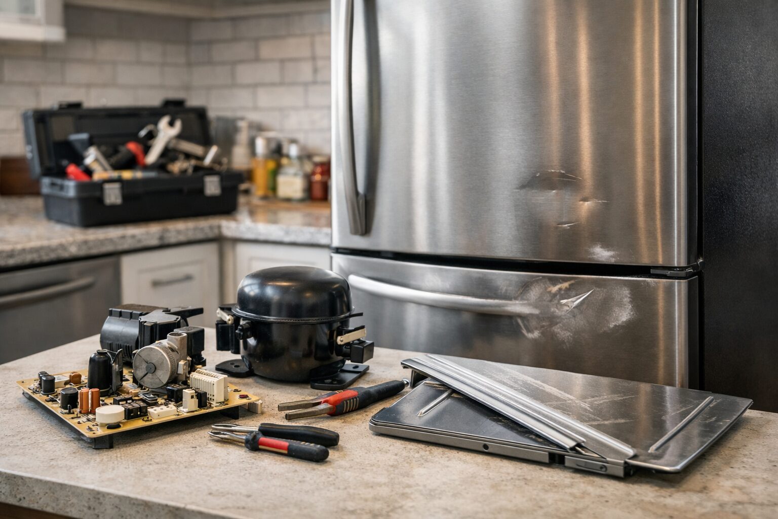 Technician inspecting a scratched refrigerator door panel in a modern kitchen repair setting