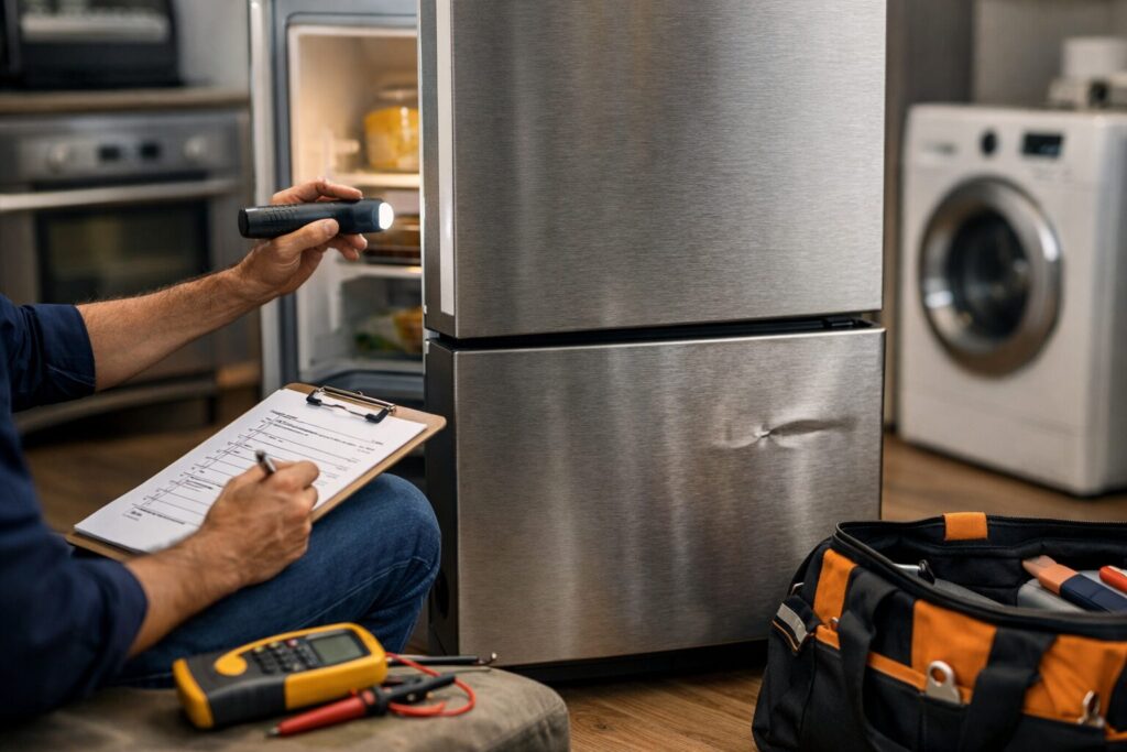 Technician inspecting a scratch and dent refrigerator in a modern kitchen setting with repair tools nearby