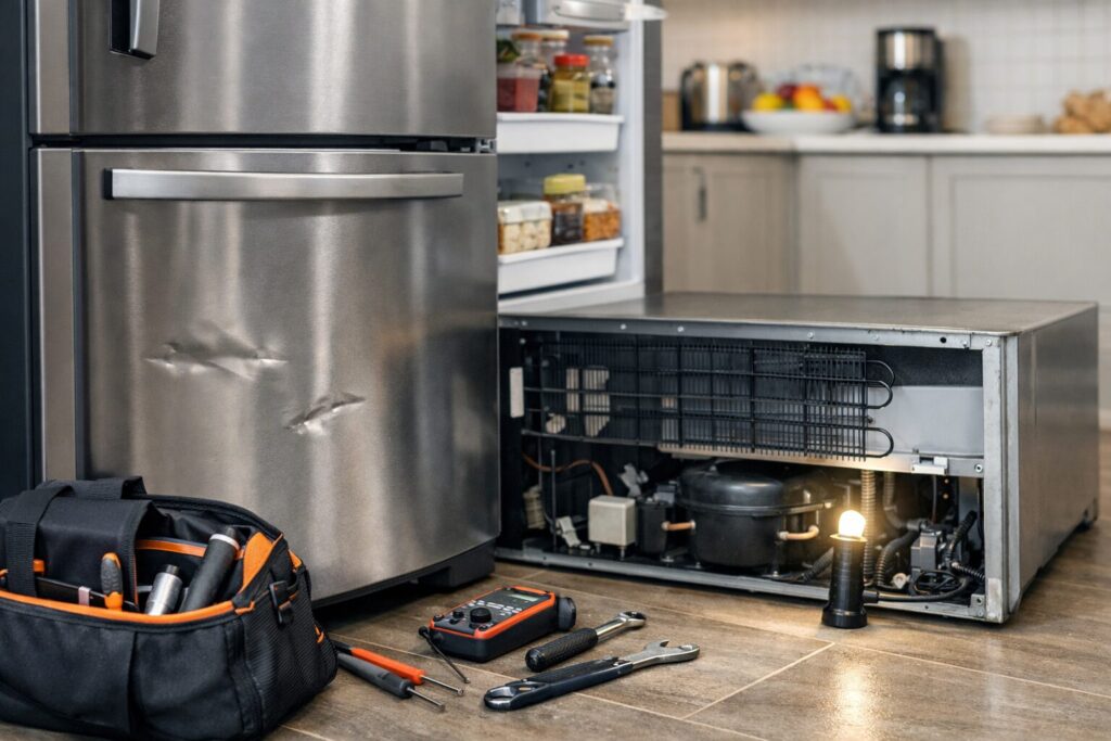 Technician inspecting a scratched refrigerator in a modern kitchen during a repair assessment