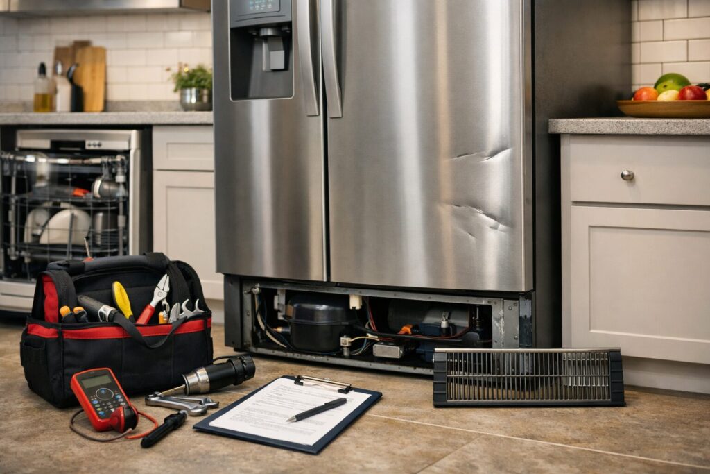 Technician inspecting a scratched refrigerator door in a modern kitchen repair setting with tools nearby