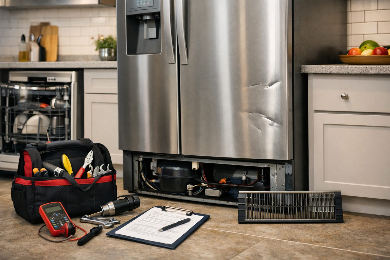 Technician inspecting a scratched refrigerator door in a modern kitchen repair setting with tools nearby