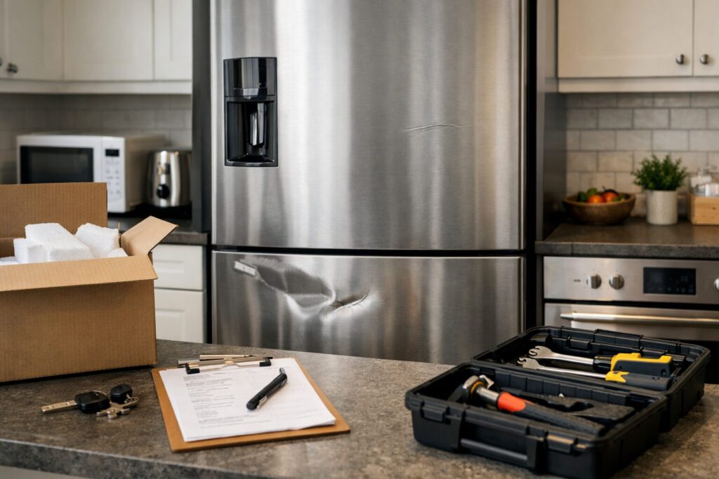 modern kitchen with a scratched refrigerator and repair tools on countertop indicating appliance return and service concerns