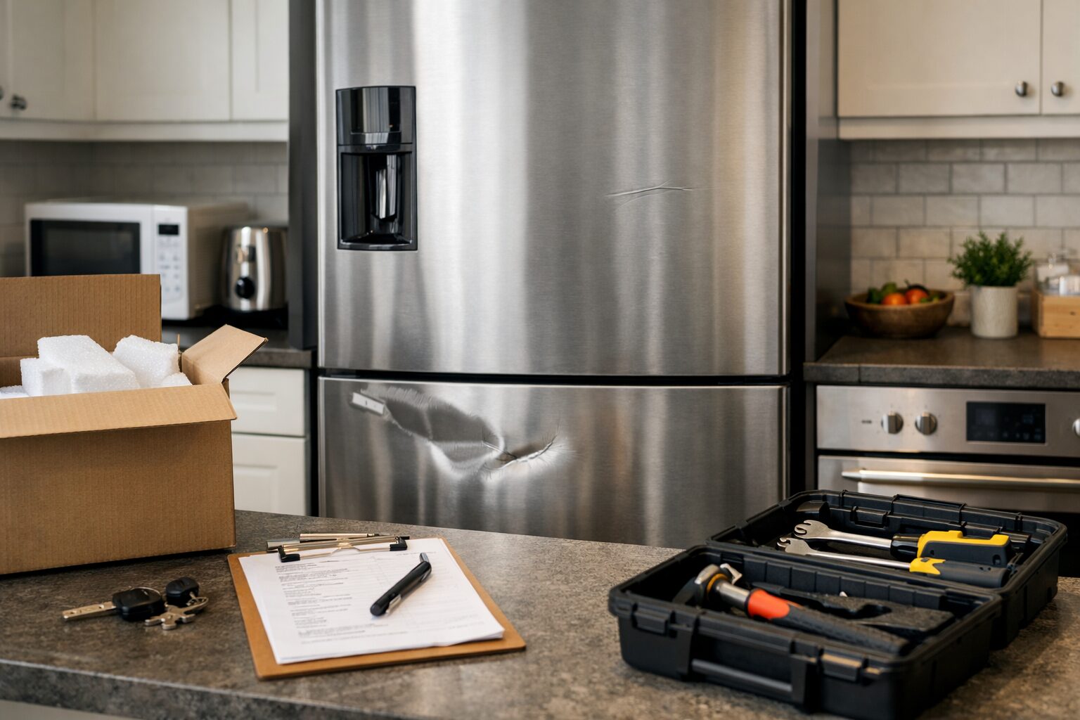 modern kitchen with a scratched refrigerator and repair tools on countertop indicating appliance return and service concerns