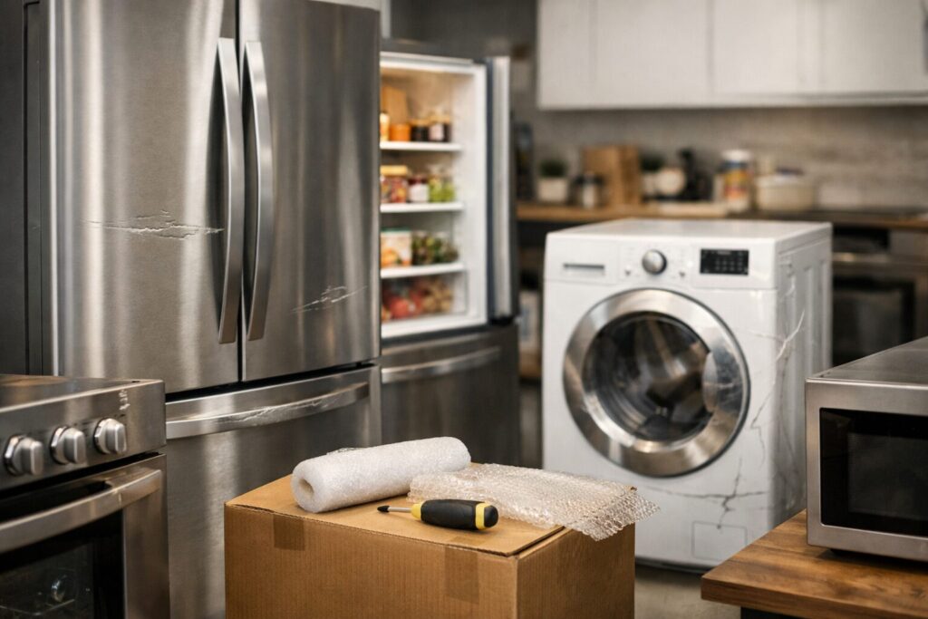 Technician inspecting a scratch and dent refrigerator in a modern kitchen repair setting without customers visible