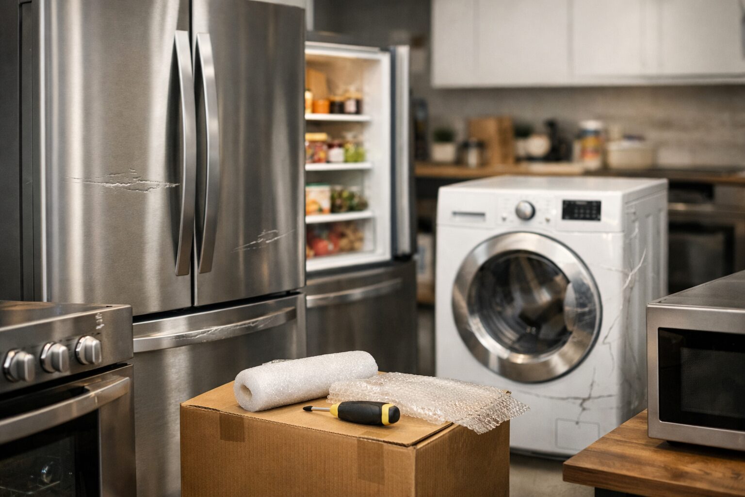 Technician inspecting a scratch and dent refrigerator in a modern kitchen repair setting without customers visible