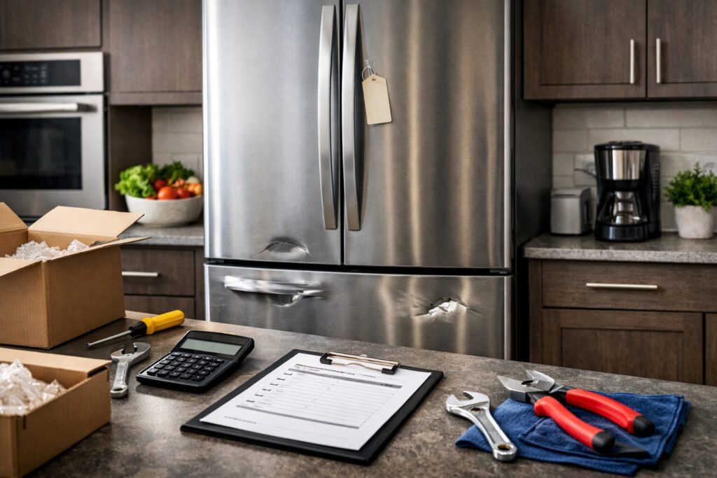 Technician inspecting a scratched refrigerator door in a modern kitchen repair setting without customers visible