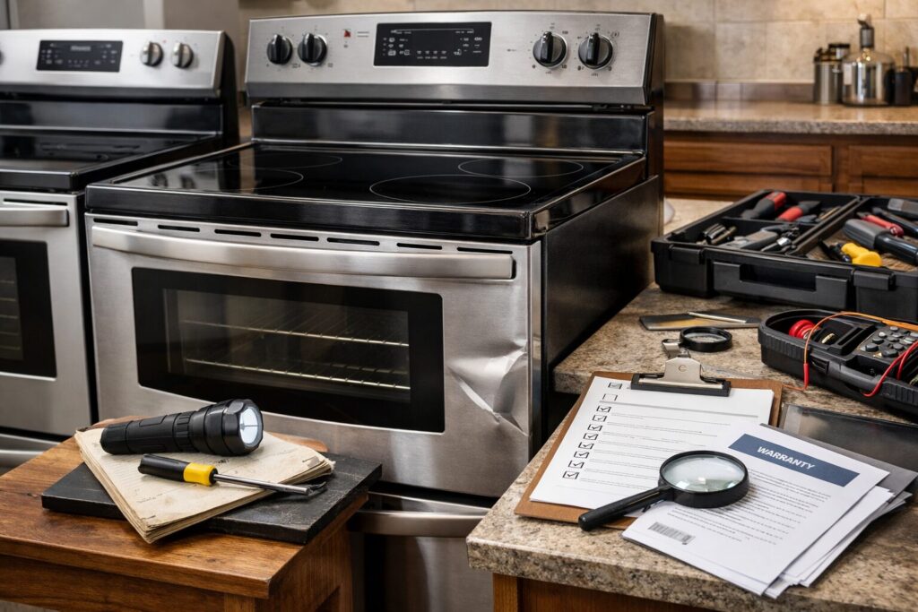 technician inspecting scratch and dent electric range in modern kitchen setting with repair tools nearby
