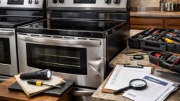technician inspecting scratch and dent electric range in modern kitchen setting with repair tools nearby