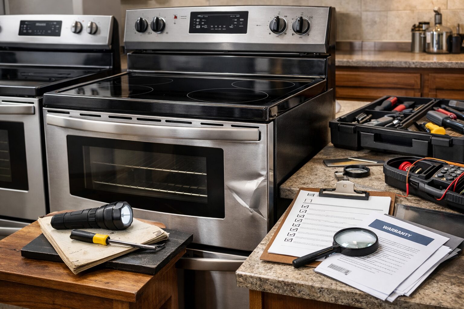 technician inspecting scratch and dent electric range in modern kitchen setting with repair tools nearby
