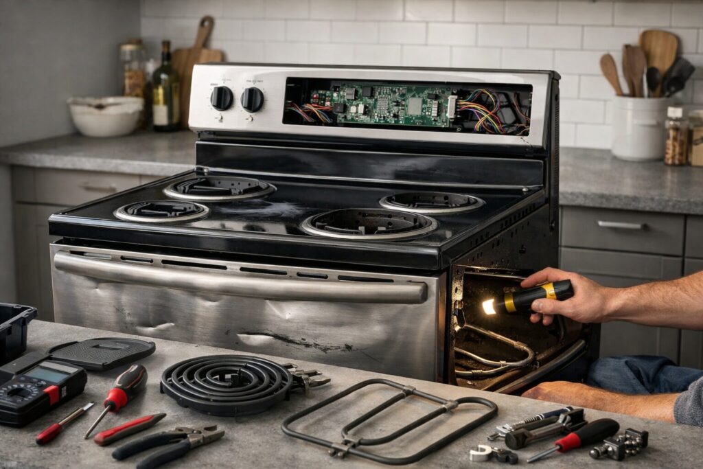 technician repairing electric range in modern kitchen with visible dents and repair tools on countertop