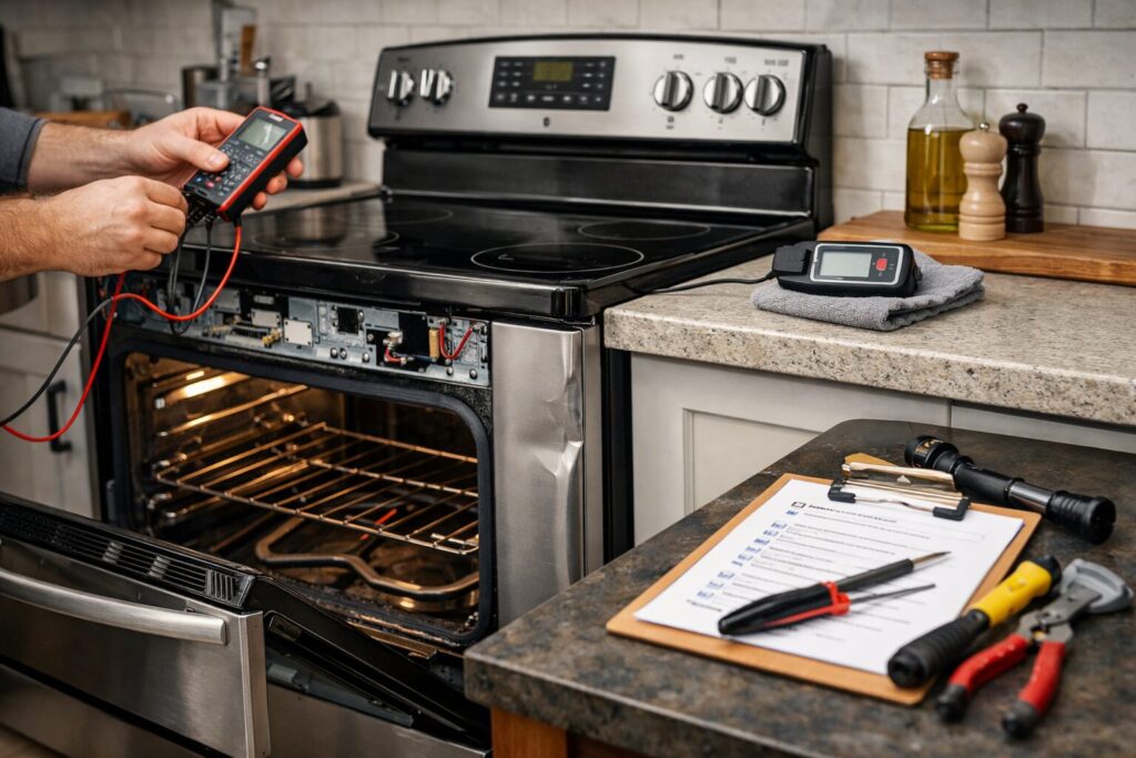 technician inspecting an electric range in a modern kitchen setting focusing on repair and safety checks