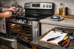 technician inspecting an electric range in a modern kitchen setting focusing on repair and safety checks