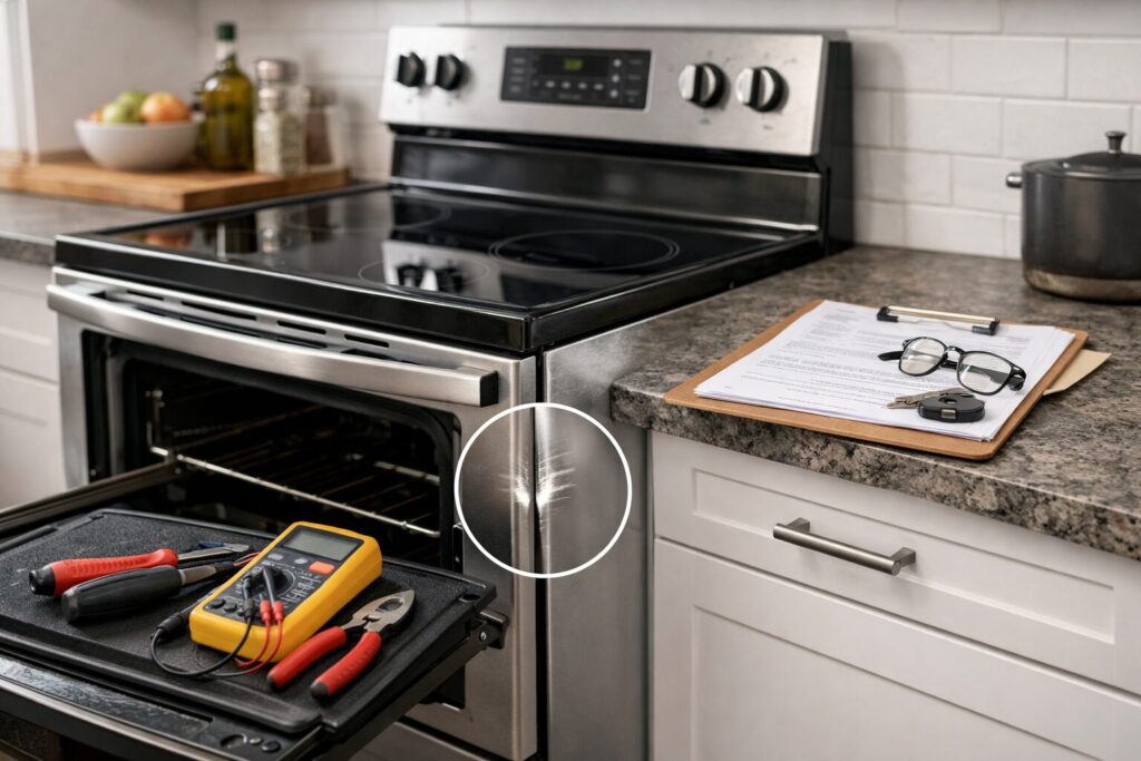 modern kitchen with a scratch and dent electric range being inspected by a technician using repair tools