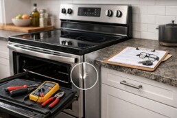 modern kitchen with a scratch and dent electric range being inspected by a technician using repair tools