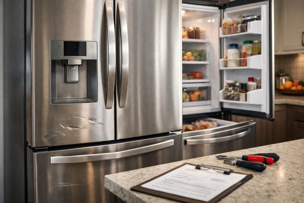 Modern kitchen with a scratch and dent French door refrigerator open showing organized food storage and a repair technician