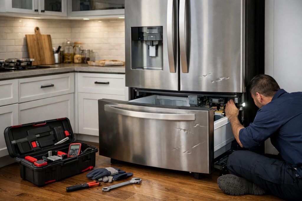 Technician inspecting and repairing a scratch and dent French door refrigerator in a modern kitchen setting