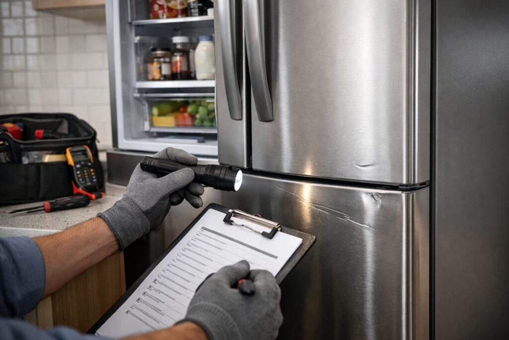 Technician inspecting a scratch and dent French door refrigerator in a modern kitchen setting