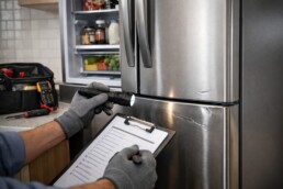 Technician inspecting a scratch and dent French door refrigerator in a modern kitchen setting