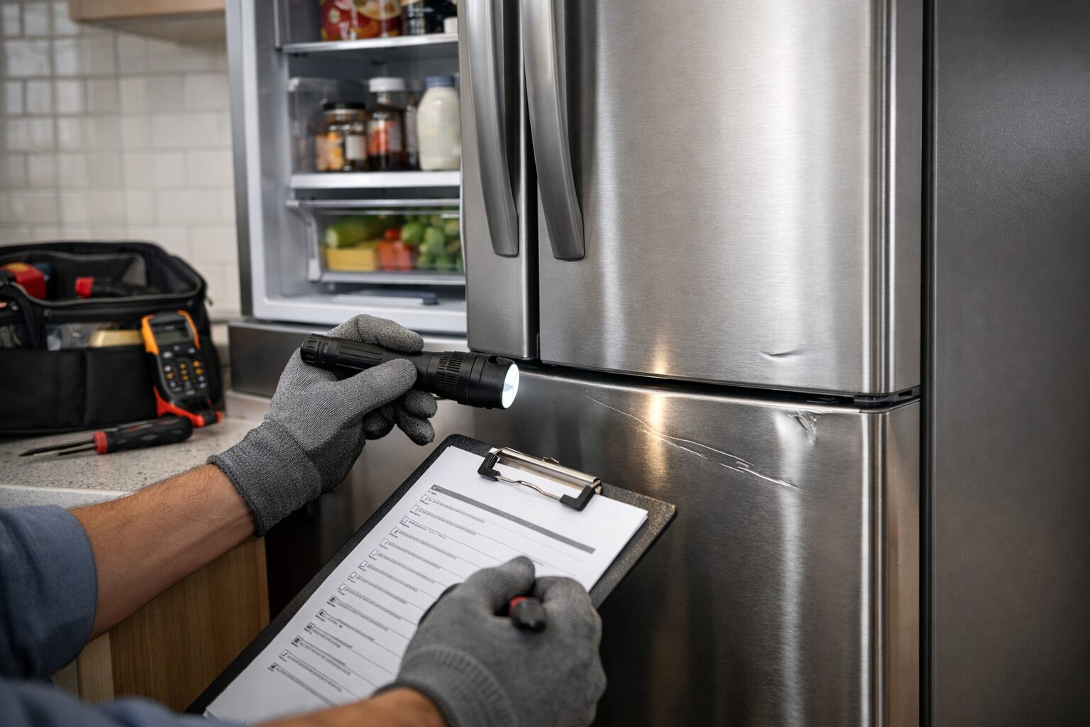 Technician inspecting a scratch and dent French door refrigerator in a modern kitchen setting