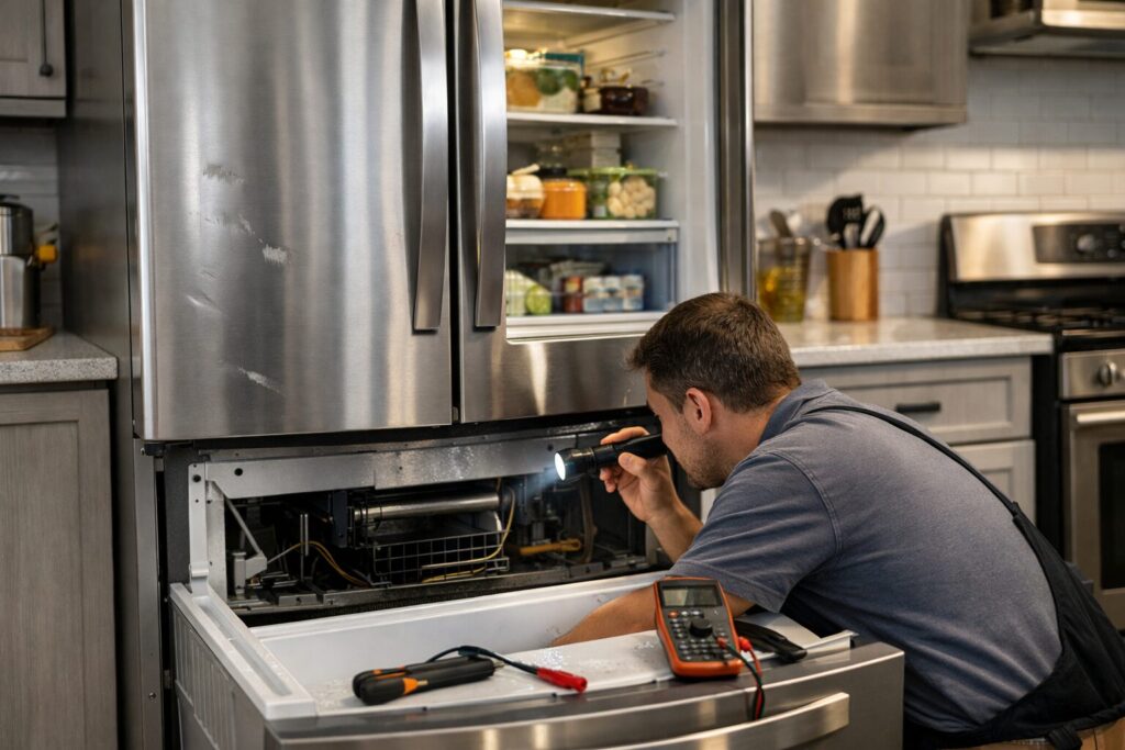 Technician inspecting a scratch and dent French door refrigerator in a modern kitchen setting