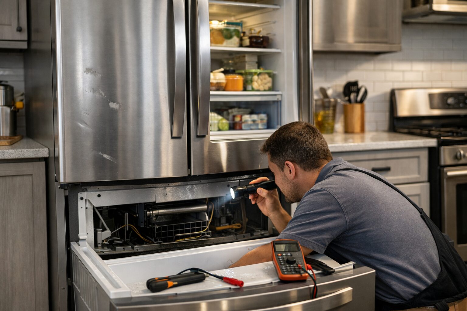 Technician inspecting a scratch and dent French door refrigerator in a modern kitchen setting
