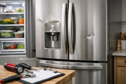 Modern kitchen with a scratch and dent French door refrigerator open showing organized food storage and repair tools nearby