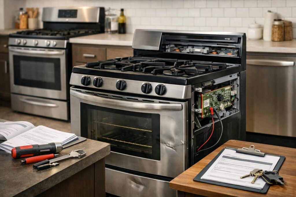 modern kitchen with a scratch and dent gas range next to repair tools and warranty documents on the counter