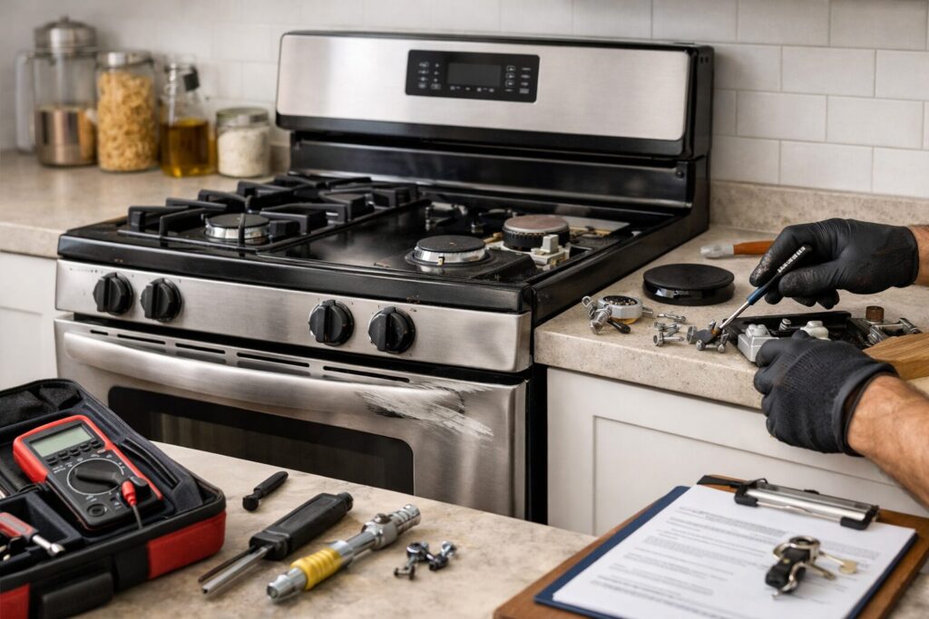 technician inspecting and repairing a scratch and dent gas range in a modern kitchen setting