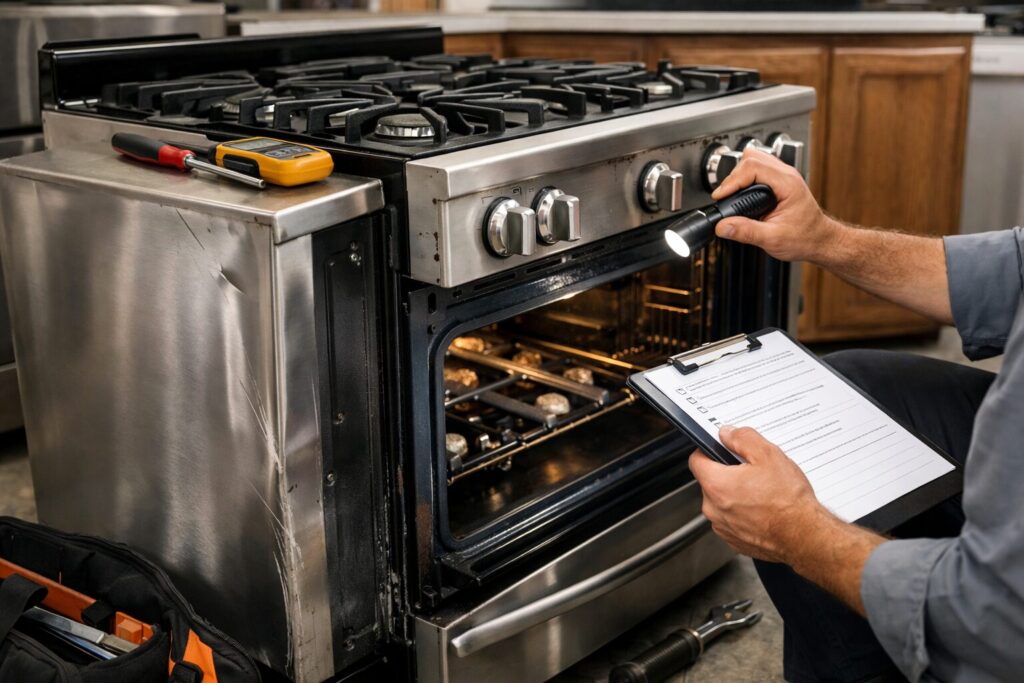 technician inspecting a scratch and dent gas range in a modern kitchen setting with repair tools nearby