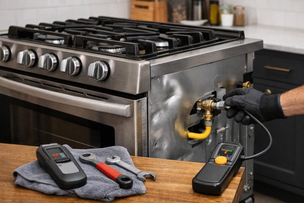 technician inspecting gas range burners and valves in modern kitchen for safety and repair assessment