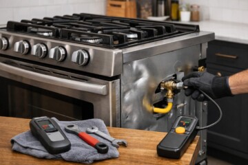 technician inspecting gas range burners and valves in modern kitchen for safety and repair assessment