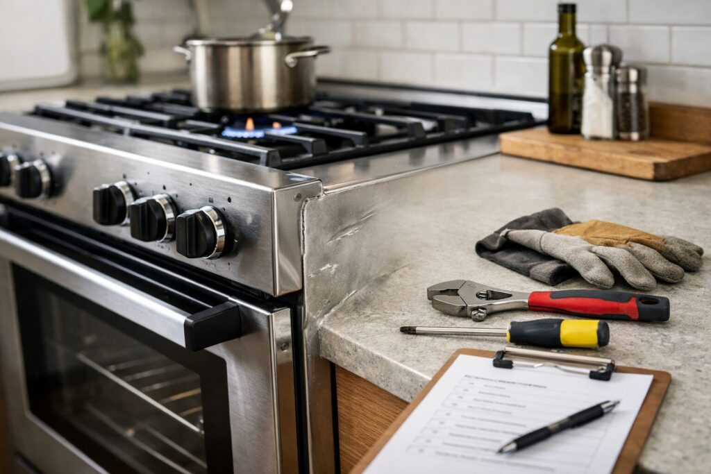 Modern kitchen gas range with visible minor scratches and dents under natural lighting in a clean home environment