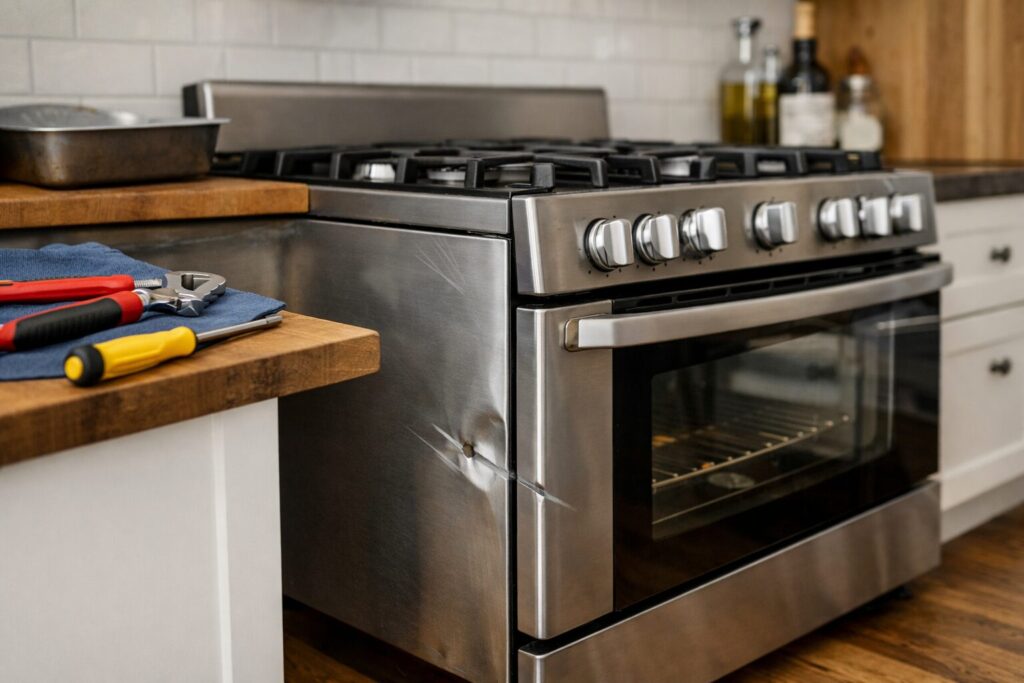 modern kitchen with a scratch and dent gas range being inspected by a technician using repair tools