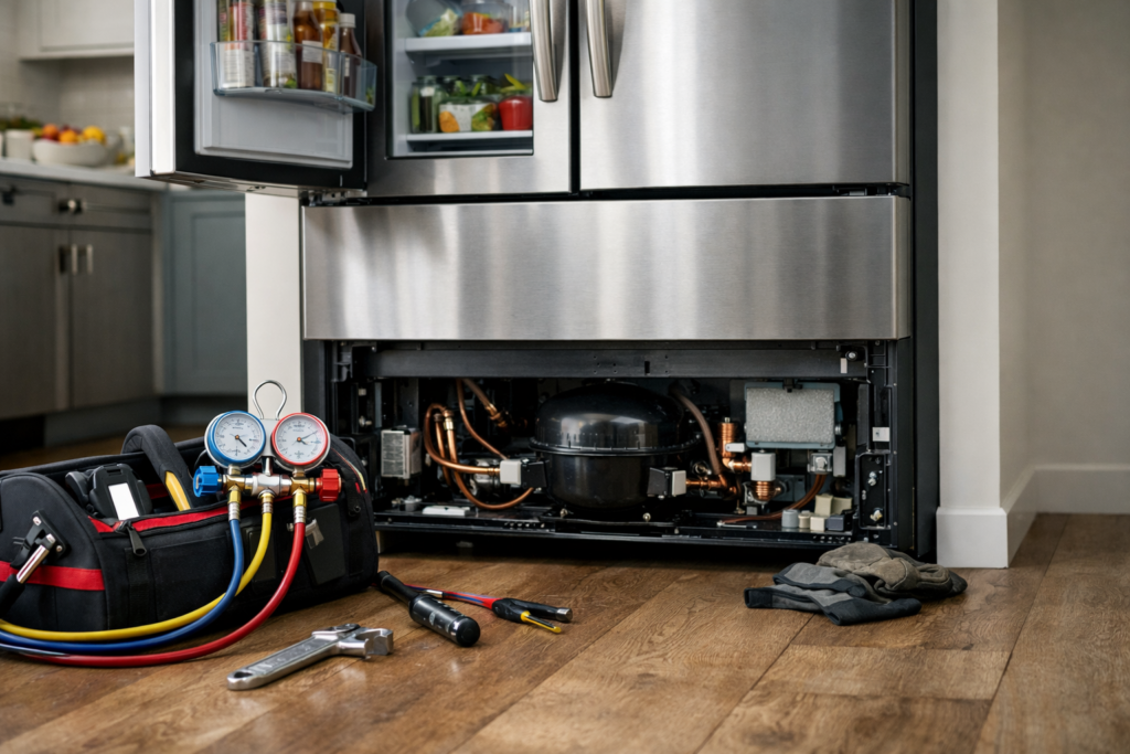 Technician inspecting sealed system components inside a French door refrigerator in a modern kitchen setting