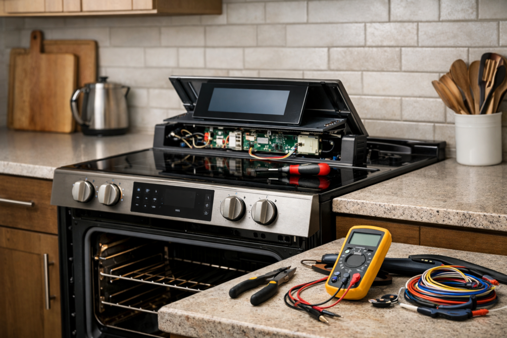 Technician inspecting a modern smart electric range in a bright kitchen during a repair service appointment