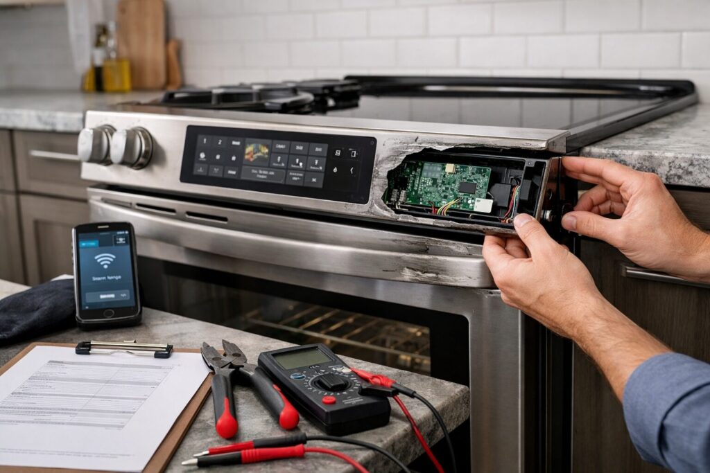 technician inspecting smart control panel on scratch and dent electric range in modern kitchen setting