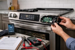 technician inspecting smart control panel on scratch and dent electric range in modern kitchen setting