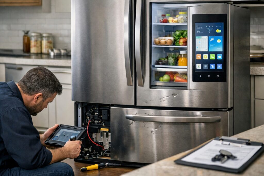 technician inspecting smart French door refrigerator in modern kitchen with repair tools on counter nearby